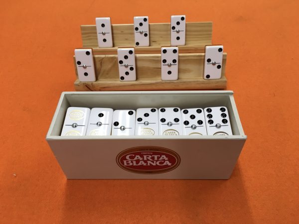 DOMINOES CARTA BLANCA WITH 2 WOOD HOLDERS.