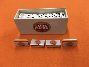 DOMINOES CARTA BLANCA WITH 2 WOOD HOLDERS.