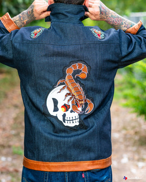 “CALAVERAS & SCORPIONS” HANDMADE DENIM AND LEATHER JACKET