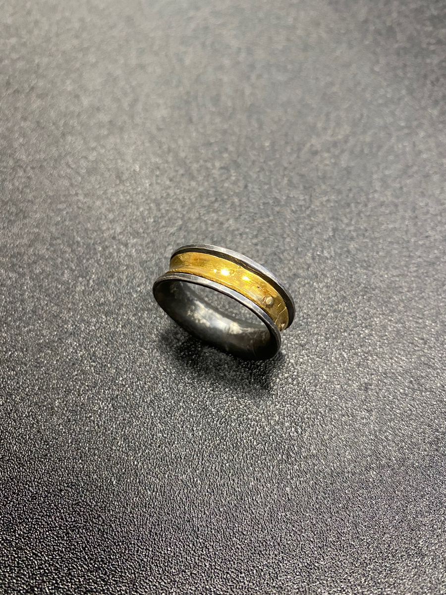 Forged 24K Gold and Sterling Silver double with 18K Gold Rivets Mens or Womens Ring band by George Schroeder