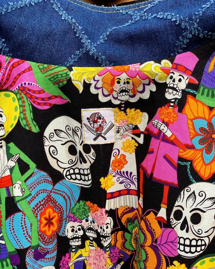 "Lucy in the Sky" patched jacket with Dia de los Muertos Lining