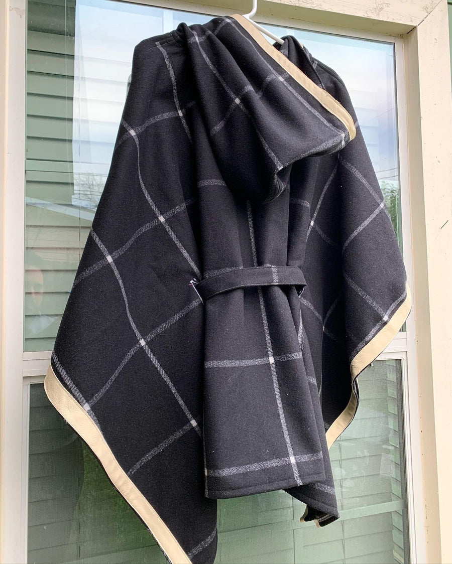 Womens White leather trimmed shawl with black striped wool.