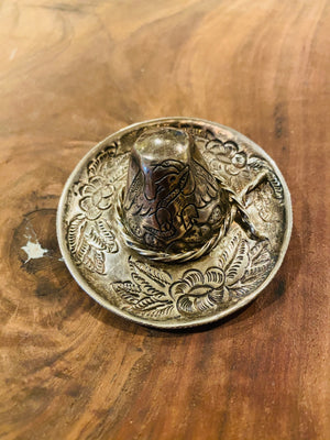 Vtg Sombrero Pin Brooch Sterling Silver 925 Marked RJ Hat Engraved Bird Repousse
