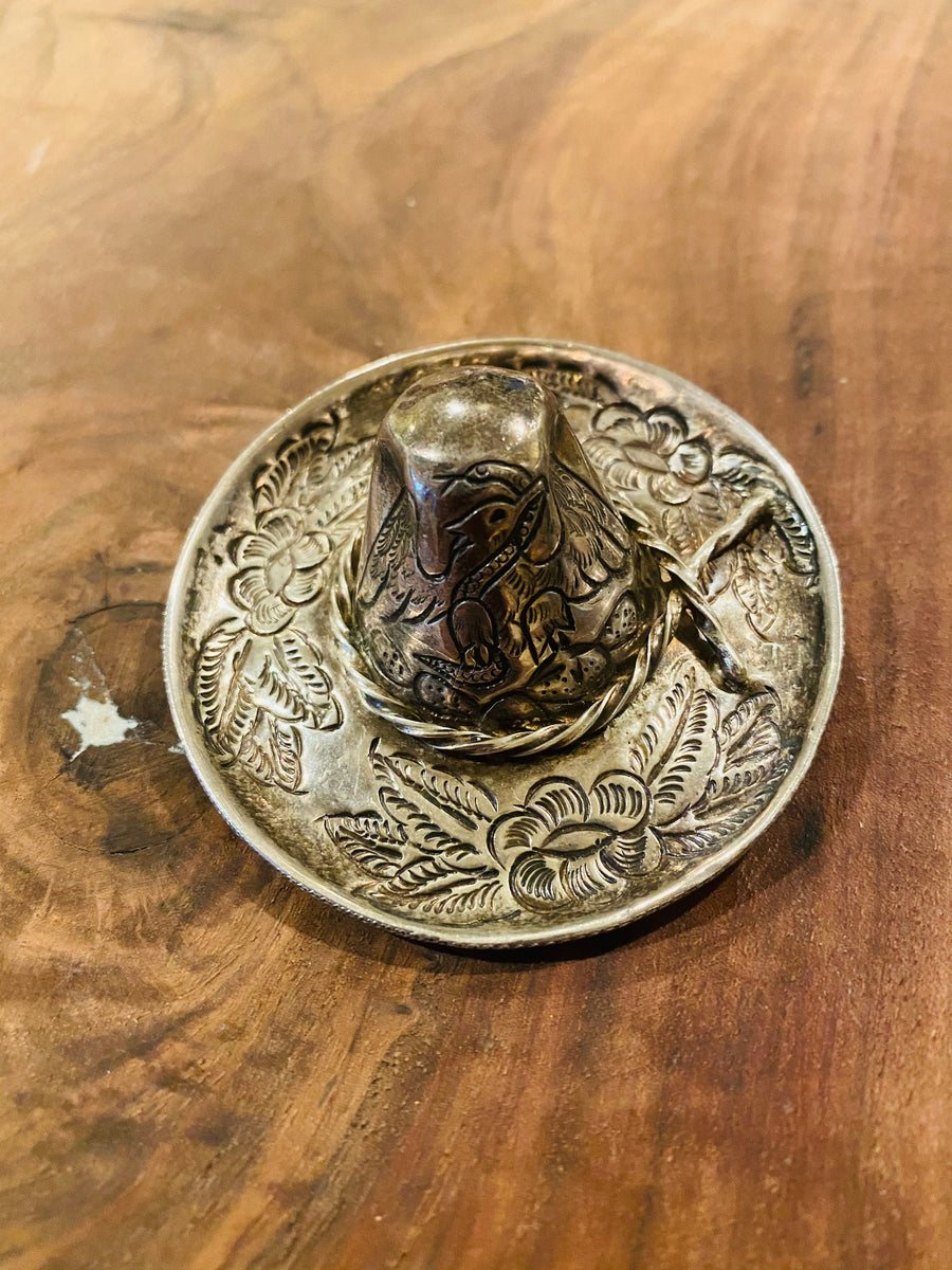 Vtg Sombrero Pin Brooch Sterling Silver 925 Marked RJ Hat Engraved Bird Repousse