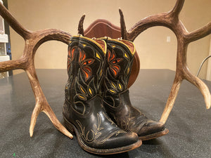 Vintage Acme Kids Boots Black with Red and Yellow Inlays Leather