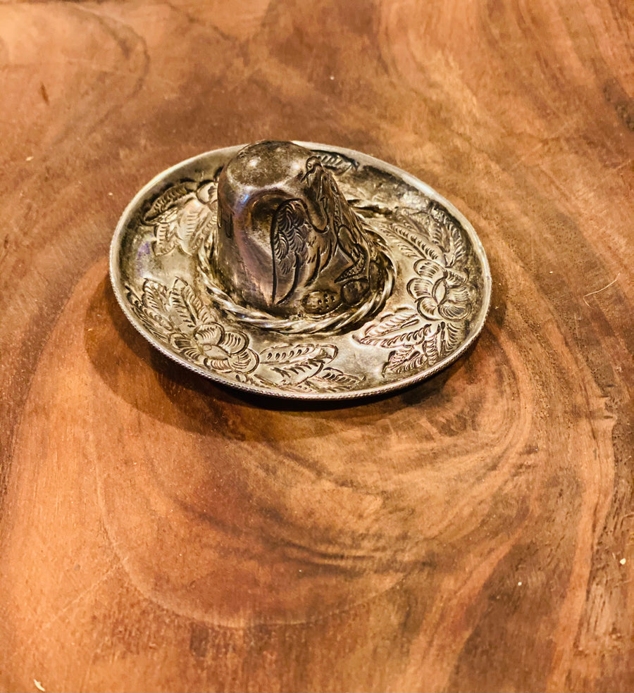Vtg Sombrero Pin Brooch Sterling Silver 925 Marked RJ Hat Engraved Bird Repousse