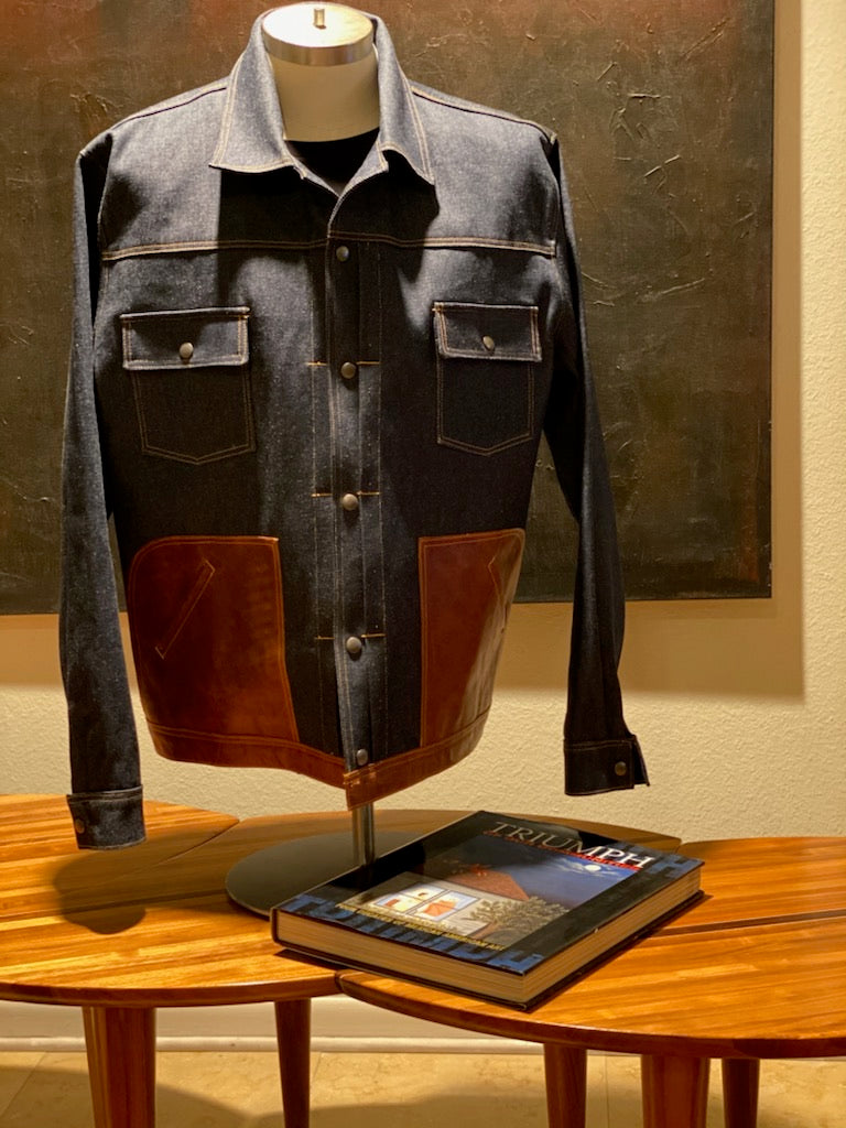 HANDMADE DENIM JACKET WITH CONGAC LEATHER POCKET AND LOWER LINING