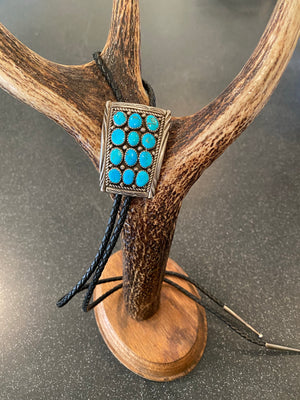 Vintage Sterling Silver Turquiose  BOLO Tie (leather) with sterling tips