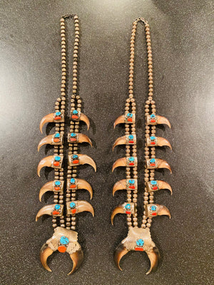 Pair of his and hers Vintage Navajo Pawn sterling Turquoise/Coral Squash blossoms with claws
