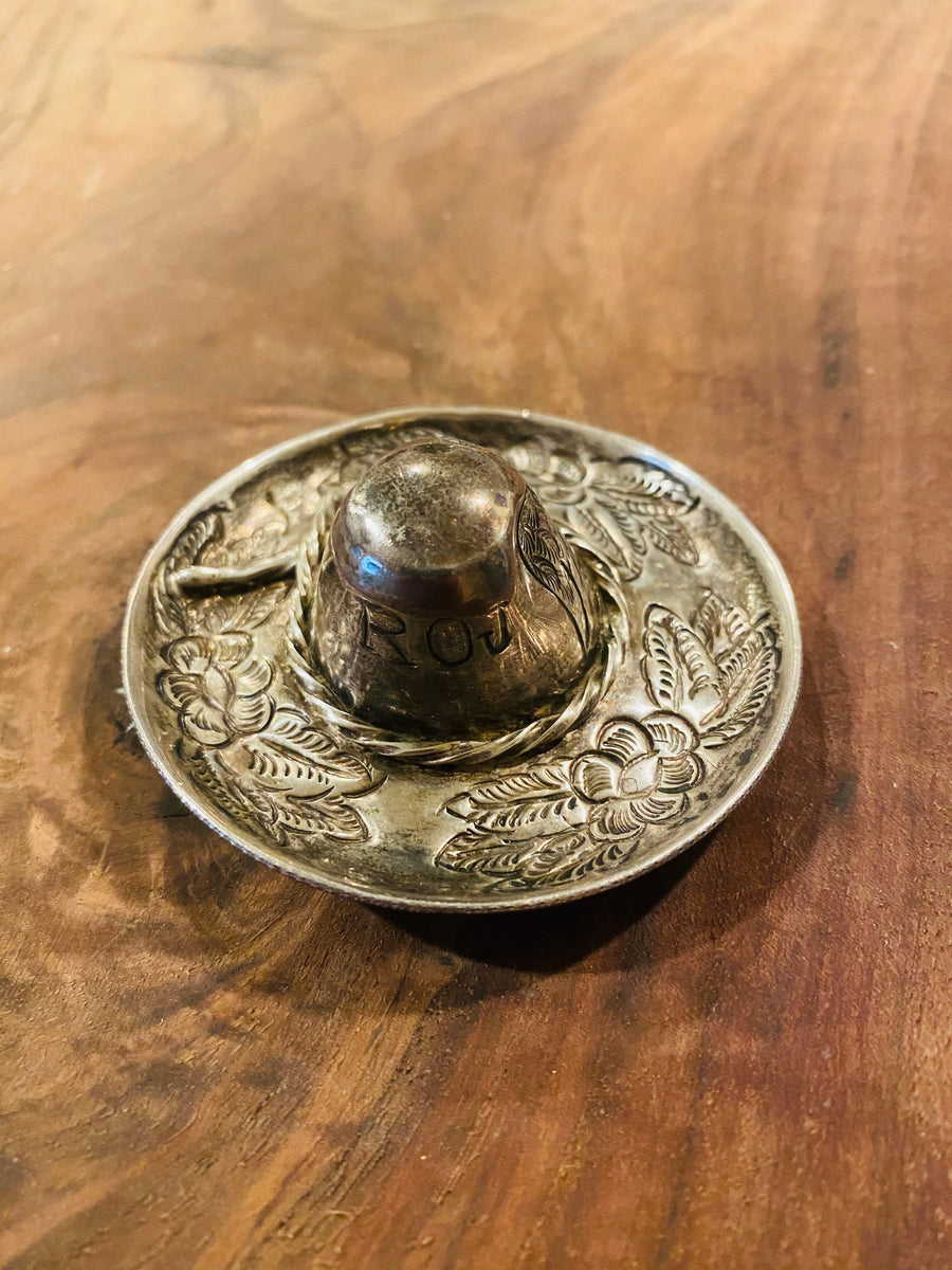 Vtg Sombrero Pin Brooch Sterling Silver 925 Marked RJ Hat Engraved Bird Repousse